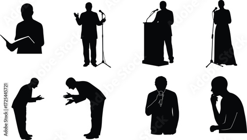 Silhouette speaker and performer poses, microphone, podium, bowing, expressive gestures, public speaking, communication, presentation, stage performance illustration design