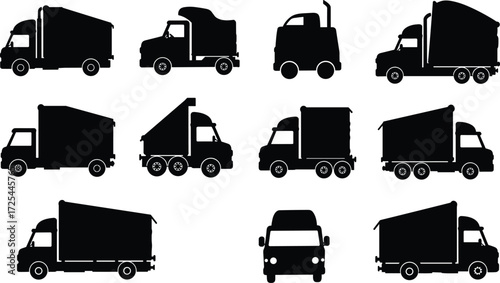 Silhouette trucks and utility vehicles, cargo transport illustration, dump truck vector design, commercial vehicle icons, logistics transportation set, black silhouette collection