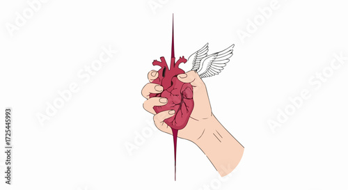 Isolated on white background, a hand holding a winged heart pierced by an arrow, depicted in a vibrant color palette, symbolizing love and vulnerability