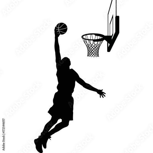 Dynamic silhouette of a basketball player soaring through the air for a slam dunk, representing athleticism, skill, and the thrill of victory in sports
