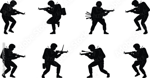 Soldier silhouette illustration, military combat pose, tactical army design, armed forces vector, soldier with rifle, battlefield action, war operation concept