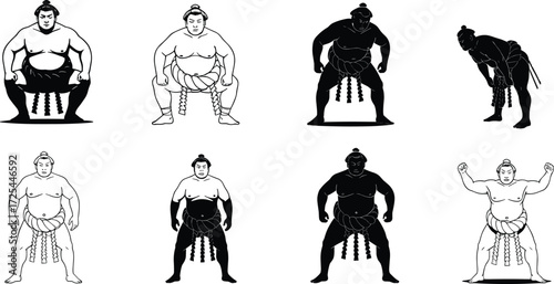 Sumo wrestler illustrations in silhouette and detailed poses, traditional mawashi attire, squatting, standing, flexing, Japanese combat sport artwork sequence