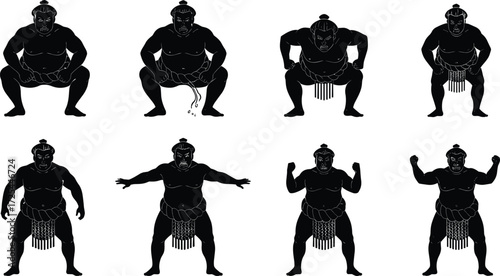 Sumo wrestler silhouette illustrations in traditional mawashi attire, squatting, standing, raising arms, combat stances, Japanese sport artwork design sequence