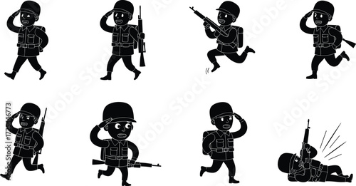 Soldier silhouette illustration, military salute pose, tactical army design, armed forces vector, soldier with rifle, battlefield action, war operation concept, combat stance