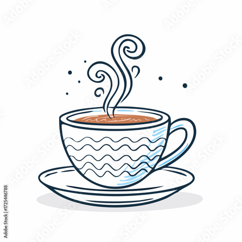 Illustration of a steaming cup of coffee on a saucer, a comforting and warm beverage concept