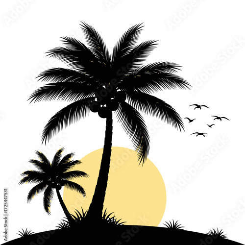 Dreamy tropical getaway featuring palm trees silhouetted against a warm sunset sky with birds flying, evoking feelings of vacation and relaxation