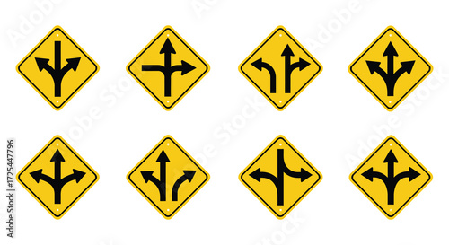 Collection of yellow road signs depicting various diverging roadway configurations