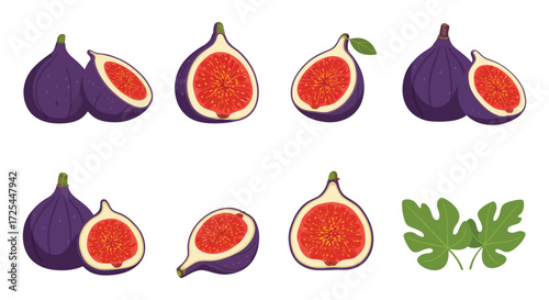 Illustrative depiction of fresh figs with vibrant red flesh and green leaves