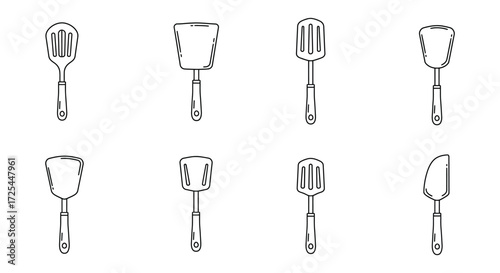 A collection of sketched kitchen utensils featuring various types of spatulas