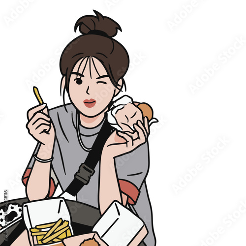 Cartoon Style Young Woman Enjoying Fast Food Illustration Graphics Asset