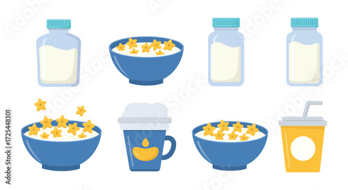 Colorful illustration of breakfast foods cereal milk and juice containers