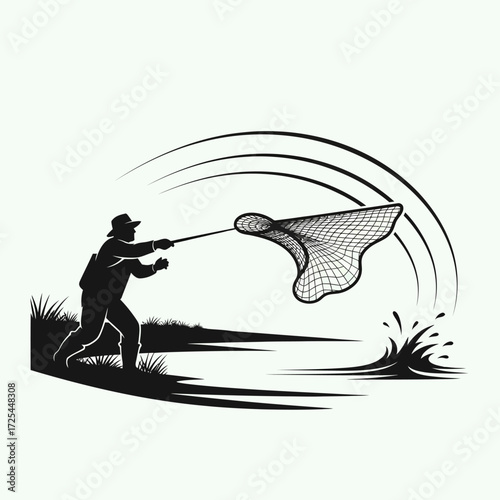Exciting fishing adventure featuring a determined fisherman with net casting for a big catch on the lake, evoking nature and outdoor recreation