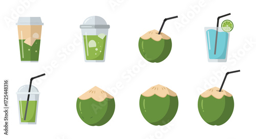 Assortment of tropical fruit drinks including coconut and iced beverages