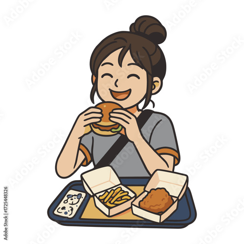 Cute Cartoon Style Woman Enjoying Delicious Burger Meal On Tray Illustration