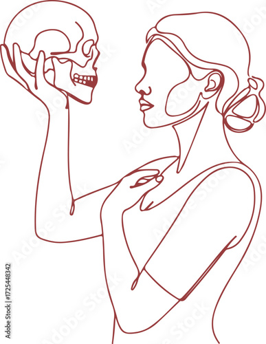 Isolated on white background, a thoughtprovoking line art illustration of a woman contemplating a skull, symbolizing mortality and introspection
