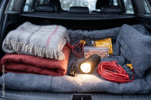 Winter travel essentials neatly arranged in car trunk with cozy blankets and snacks. Winter car emergency kit laid out in trunk--blanket, jumper cables, flashlight, ice scraper, snacks
