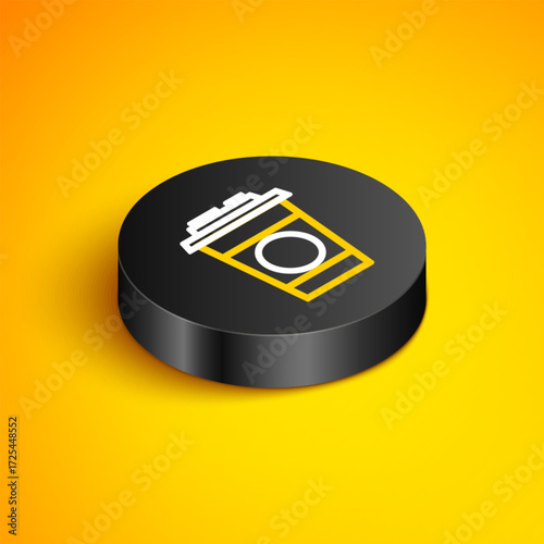 Isometric line Paper glass icon isolated on yellow background. Soda drink glass. Fresh cold beverage symbol. Black circle button. Vector