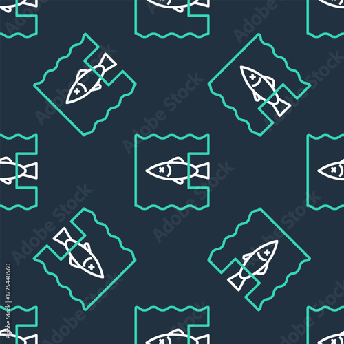 Line Stop ocean plastic pollution icon isolated seamless pattern on black background. Environment protection concept. Fish say no to plastic. Vector
