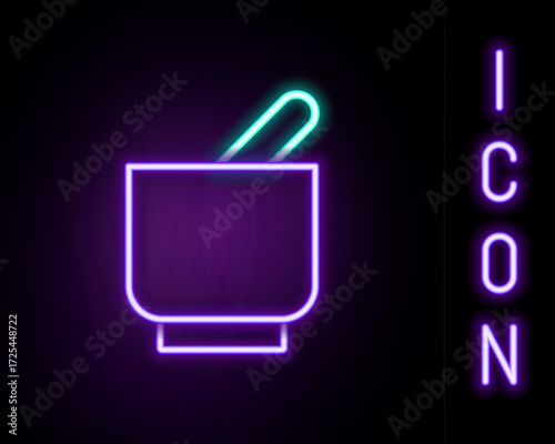 Glowing neon line Mortar and pestle icon isolated on black background. Colorful outline concept. Vector