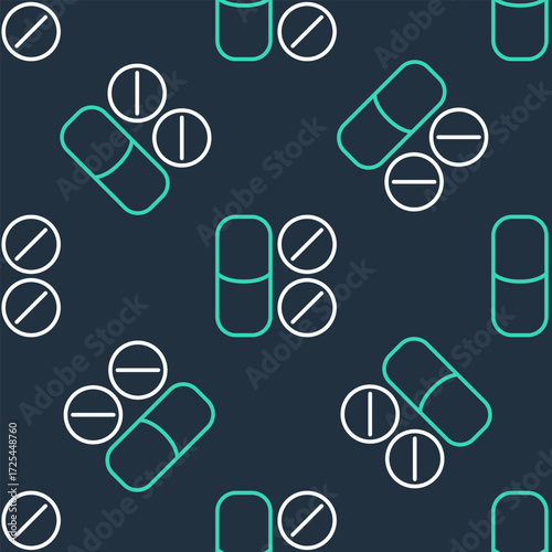 Line Toothache painkiller tablet icon isolated seamless pattern on black background. Tooth care medicine. Capsule pill and drug. Pharmacy design. Vector