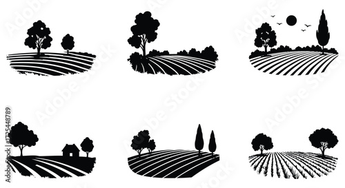 Black and white countryside scenes featuring trees and rolling fields