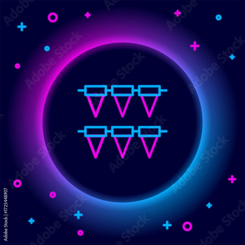 Glowing neon line Carnival garland with flags icon isolated on black background. Party pennants for birthday celebration, festival decoration. Colorful outline concept. Vector