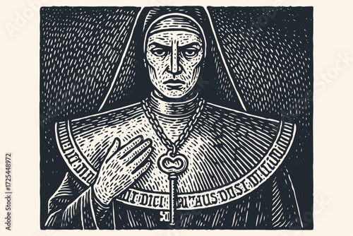 A stern, severe nun or priestess holds a large key. A mysterious gothic character in a vintage, hand-drawn woodcut or linocut vector illustration style.