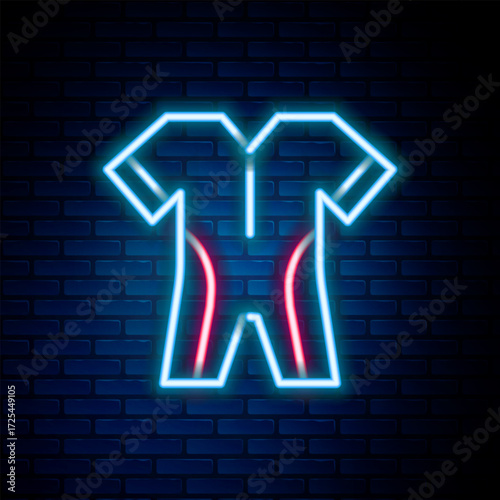 Glowing neon line Wetsuit for scuba diving icon isolated on brick wall background. Diving underwater equipment. Colorful outline concept. Vector