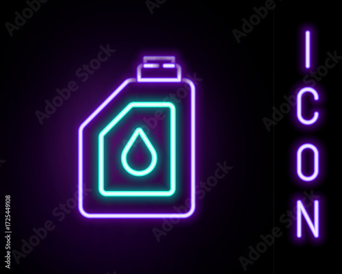 Glowing neon line Canister for motor machine oil icon isolated on black background. Oil gallon. Oil change service and repair. Engine oil sign. Colorful outline concept. Vector