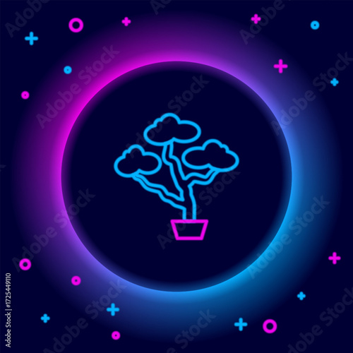 Glowing neon line Japanese bonsai tree icon isolated on black background. Japanese culture, horticulture, olericulture hobby concept. Colorful outline concept. Vector