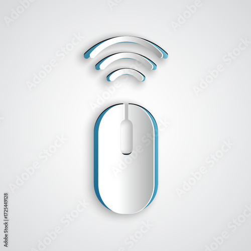 Paper cut Wireless computer mouse system icon isolated on grey background. Internet of things concept with wireless connection. Paper art style. Vector