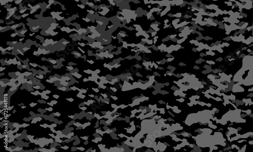 Dark camouflage pattern in shades of black and grey, giving a strong military and urban style.