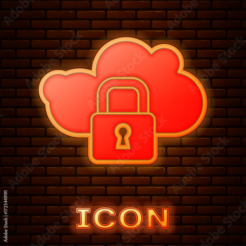 Glowing neon Cloud computing lock icon isolated on brick wall background. Security, safety, protection concept. Protection of personal data. Vector