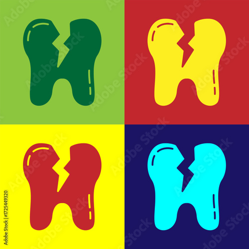 Pop art Broken tooth icon isolated on color background. Dental problem icon. Dental care symbol. Vector