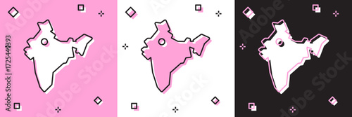 Set India map icon isolated on pink and white, black background. Vector