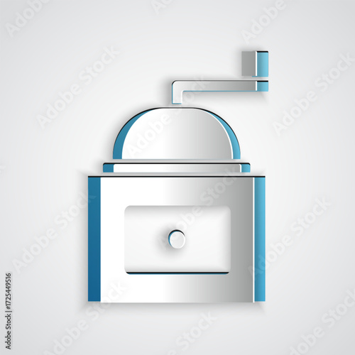 Paper cut Manual coffee grinder icon isolated on grey background. Paper art style. Vector