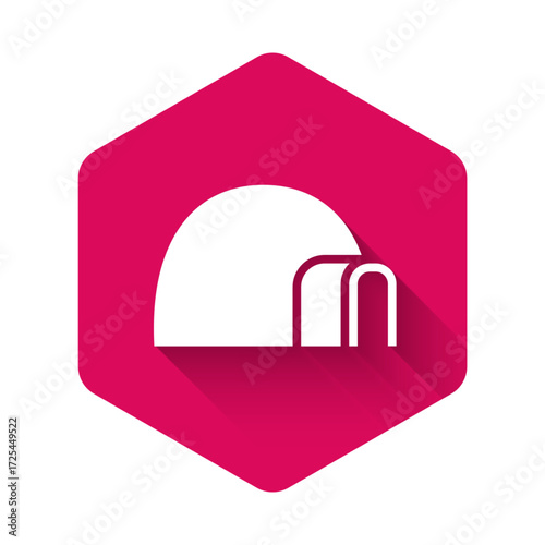White Igloo ice house icon isolated with long shadow. Snow home, Eskimo dome-shaped hut winter shelter, made of blocks. Pink hexagon button. Vector