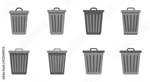 Collection of eight gray trash cans arranged in a grid pattern