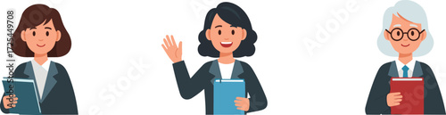 Cartoon illustration of professional business women holding books, teacher character, female leadership concept, education role model, academic success, office career