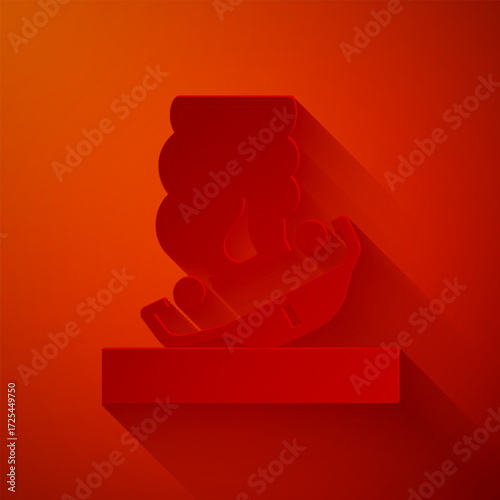 Paper cut Burning car icon isolated on red background. Car on fire. Broken auto covered with fire and smoke. Paper art style. Vector