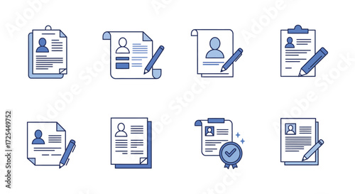Collection of resume and application icons in a blue line art style