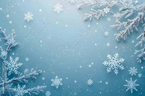 Winter Background with White Snowflakes and Frosted Branches