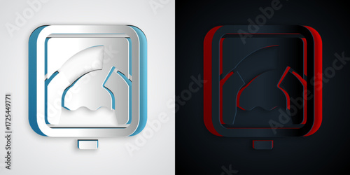 Paper cut Drawbridge ahead icon isolated on grey and black background. Information road sign. Paper art style. Vector