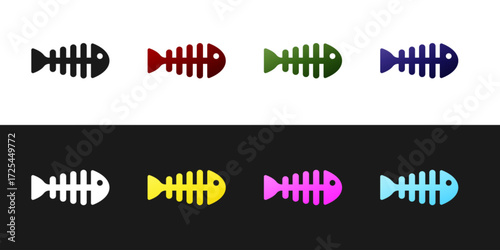 Set Fish skeleton icon isolated on black and white background. Fish bone sign. Vector