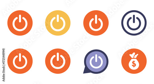 Colorful circle icons depicting power buttons and a money bag symbol