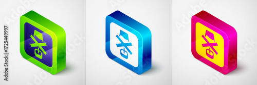 Isometric No alcohol icon isolated on grey background. Prohibiting alcohol beverages. Forbidden symbol with beer bottle glass. Square button. Vector