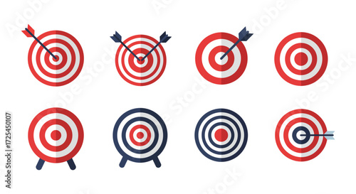 Collection of red and blue target boards with arrows hitting bullseyes