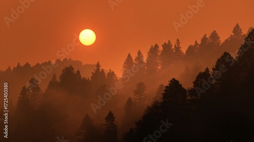 Wildfire smoke cloud covering sun, creating eerie orange atmosphere