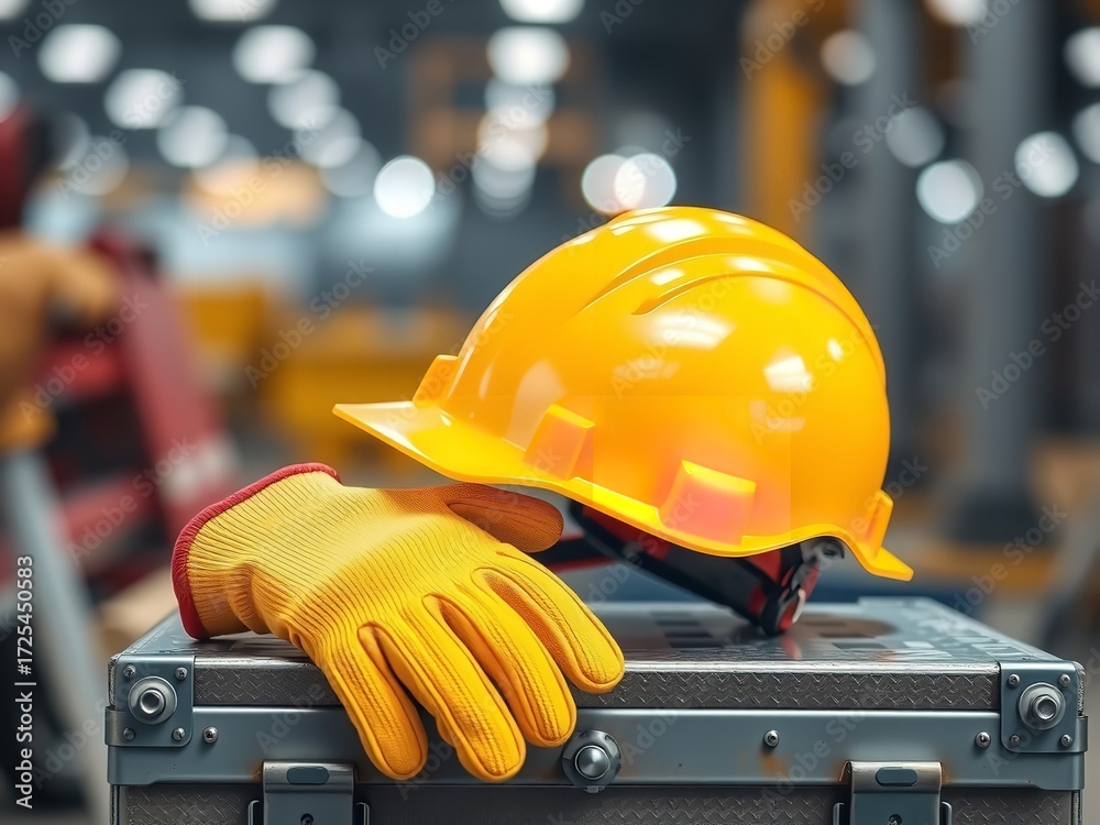 Fototapeta premium Safety Gear: A Yellow Hard Hat and Glove on a Metal Case.