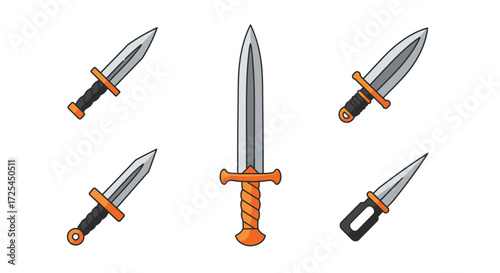 A collection of illustrated daggers and swords with orange hilts displayed